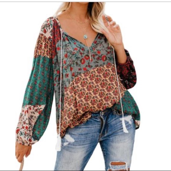 Tops - •L • Boho Peasant Patchwork Top New